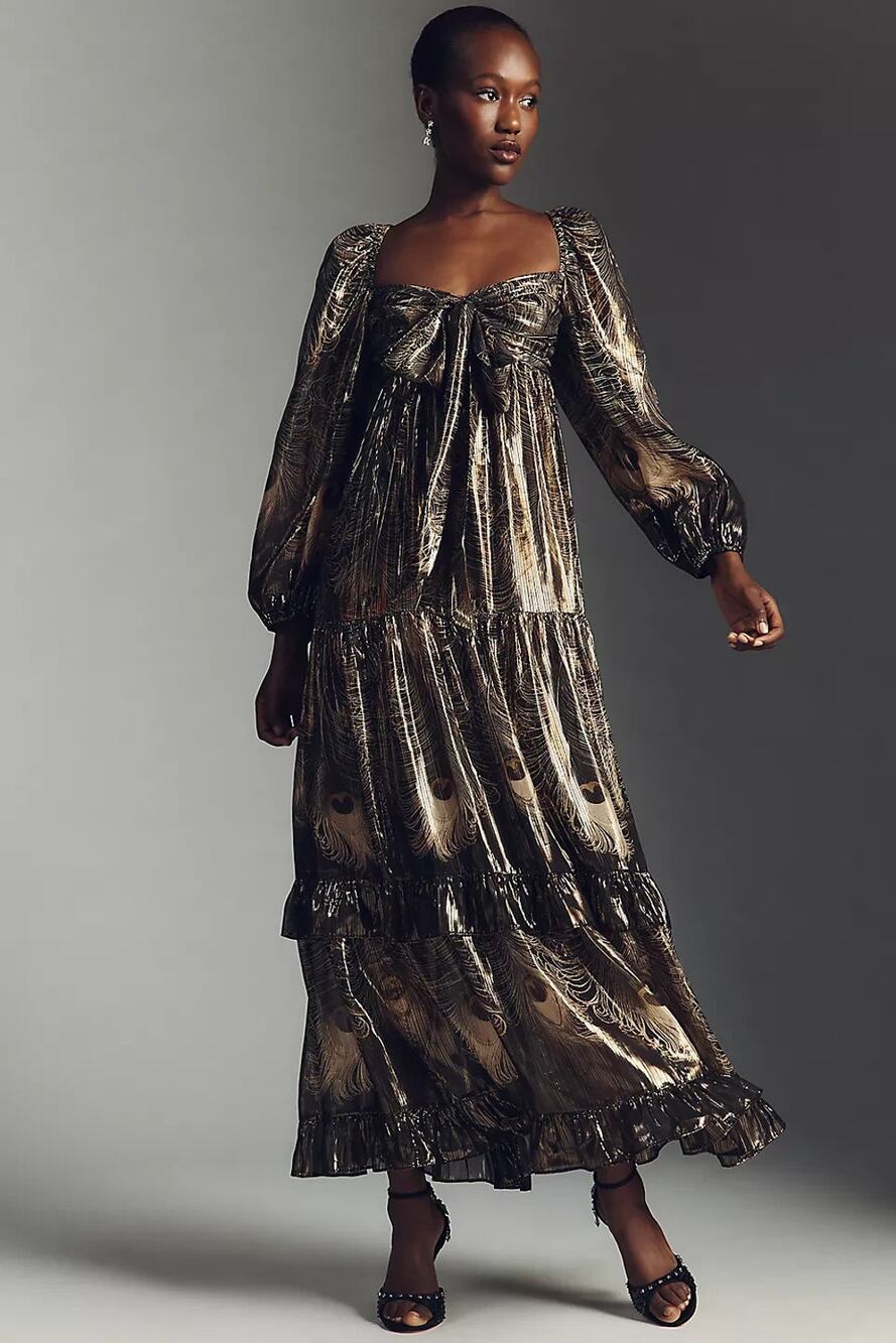 Anthropologie Metallic Babydoll Midi Dress Gold Black XXS New